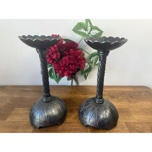 Vintage Heavy Metal Candle Holders‎ – Hand-Forged Twisted Stem Pair Gothic Retro